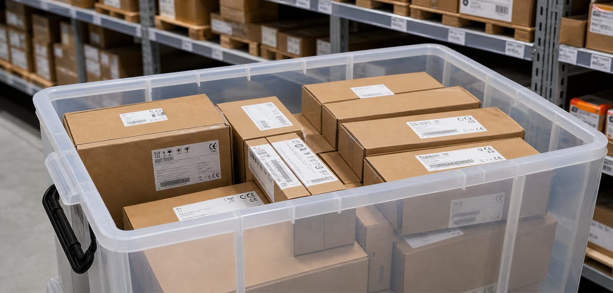 Warehouse shelves stocked with factory-sealed industrial automation parts