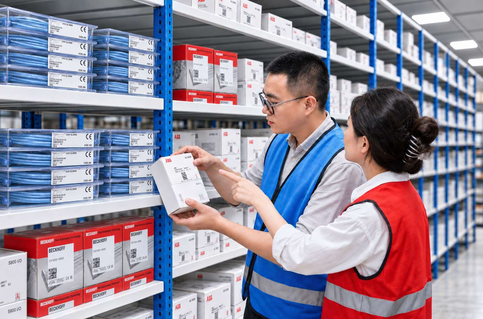 Warehouse staff verifying industrial automation inventory